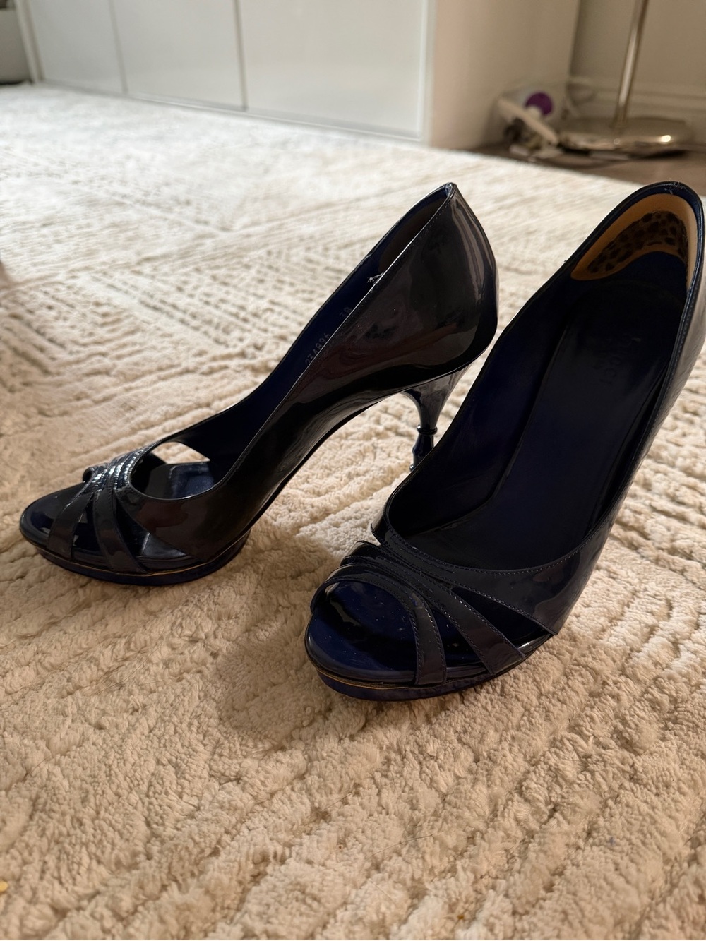 Gucci Patent Navy Blue Peep-Toe Stiletto Heels